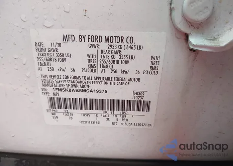 2021 Ford Police Interceptor из США, поврежденный, VIN 1FM5K8AB5MGA19375